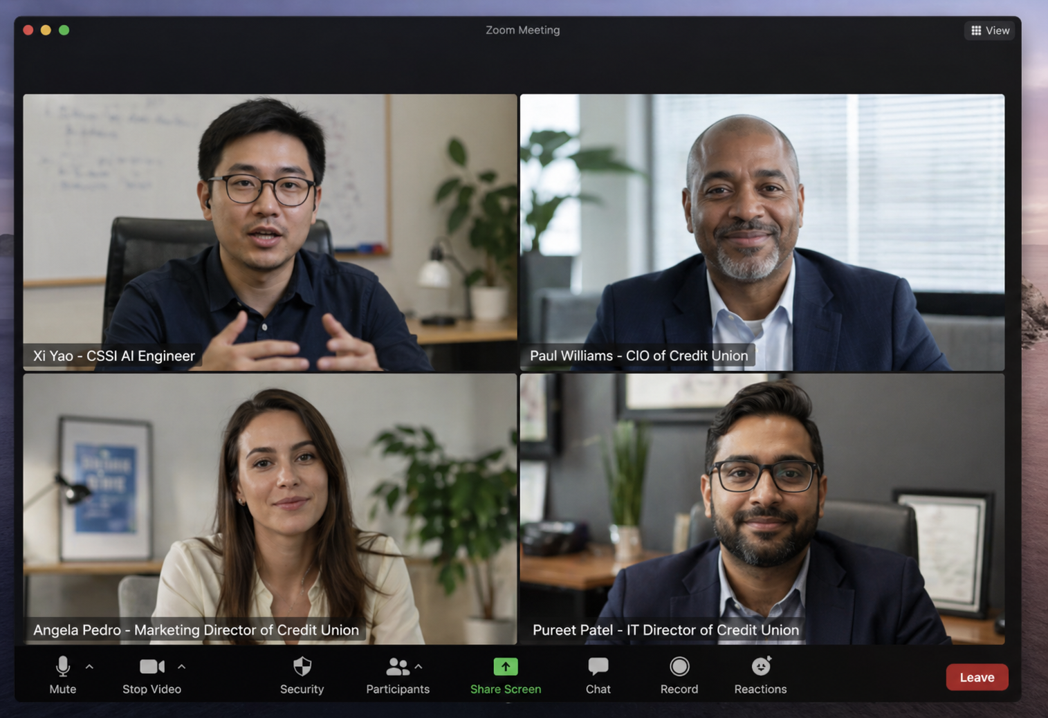 A CUcomputer AI engineer on a working session with the CIO, IT Director, and Marketing Director of a credit union